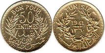 монета Тунис 50 сантимов 1941