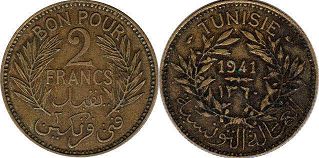 монета Тунис 2 франка 1941
