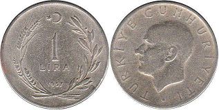 монета Турция 1 лира 1957
