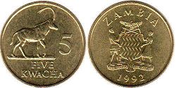 монета Замбия 5 квач 1992