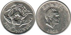 монета Замбия 5 нгве 1968
