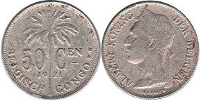 монета Бельгийское Конго 50 сантимов 1921
