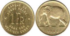 монета Бельгийское Конго 1 франк 1944