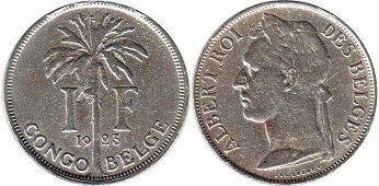 монета Бельгийское Конго 1 франк 1923