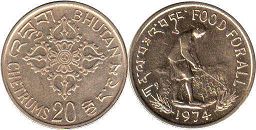 монета Бутан 20 чертум 1974