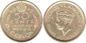 монета Цейлон 50 центов 1943