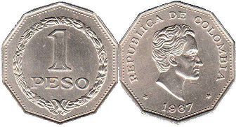 монета Колумбия 1 песо 1967