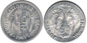 монета Конго 10 франков 1965