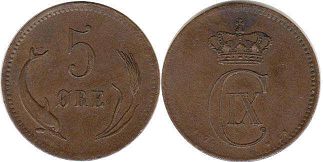 монета Дания 5 эре 1874