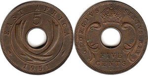 монета Британская Восточная Африка 5 центов 1951