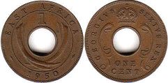 монета Британская Восточная Африка 1 цент 1950
