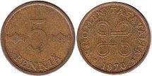 монета Финляндия 5 1 пенни 1970