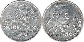 монета ФРГ 5 марок 1974