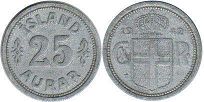 монета Исландия 25 аурар 1942