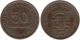 монета Мозамбик 50 сентаво 1945