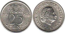 монета Нидерланды 25 центов 1964