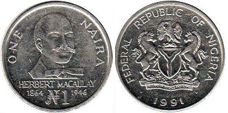 монета Нигерия 1 найра 1991