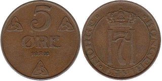 монета Норвегия 5 эре 1938