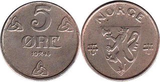 монета Норвегия 5 эре 1943