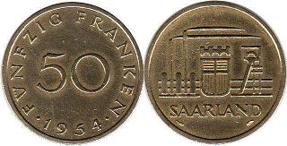 монета Саарланд 50 франков 1954