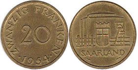 монета Саарланд 20 франков 1954