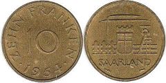 монета Саарланд 10 франков 1954