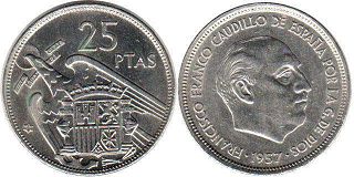 монета Испания 25 песет 1957 (1969)