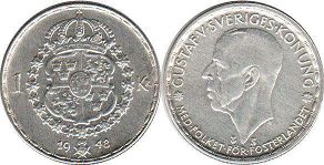 монета Швеция 1 крона 1948