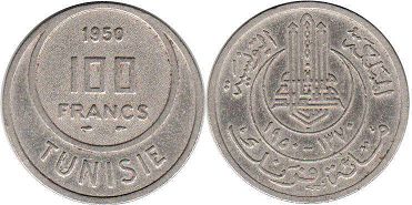 монета Тунис 100 франков 1950