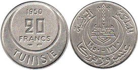 монета Тунис 20 франков 1950