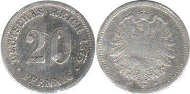 монета Германская Империя 20 пфеннигов 1875