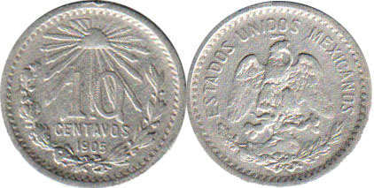 Мексика монета 10 сентаво 1905
