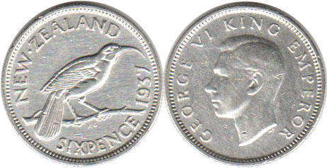 монета Новая Зеландия 6 пенсов 1937