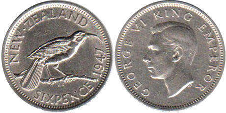 монета Новая Зеландия 6 пенсов 1947