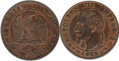 монета Франция 2 сантима 1862