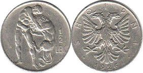 монета Албания 1/2 лека 1926