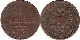 монета Австрийская Империя 1 крейцер 1851