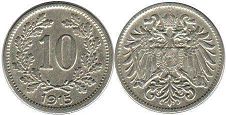 монета Австрийская Империя 10 геллеров 1915