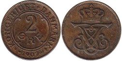 монета Дания 2 эре 1909