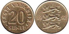 монета Эстония 20 сенти 1992
