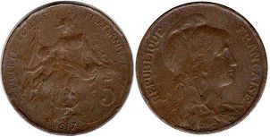 монета Франция 5 сантимов 1917