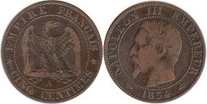 монета Франция 5 сантимов 1854