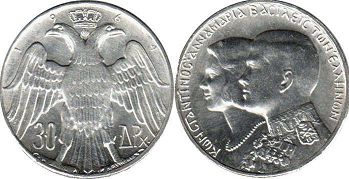 монета Греция 30 драхм 1964