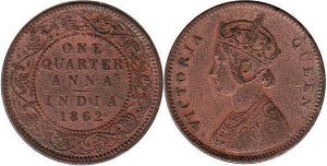 монета Британская Индия 1/4 анны 1862