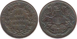 монета Ост-Индская компания 1/4 анны 1835