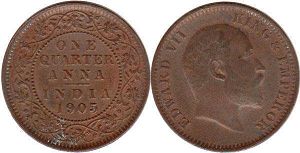 монета Британская Индия 1/4 анны 1905