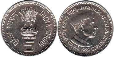 монета Индия 5 рупий 1989