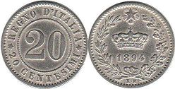 монета Италия 20 чентизими 1894