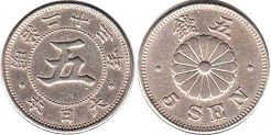монета Япония 5 сен 1890
