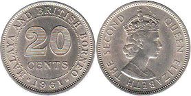монета Малайя 20 центов 1961